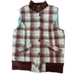 Justice Girls Quilted Plaid Puffer Vest Brown & Teal | Ribbed Trim | Size M (12)